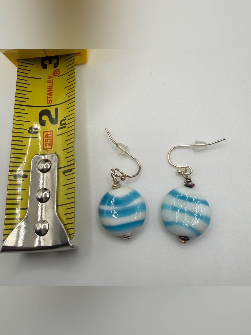 Handmade Blue & White Striped Glass Bead Drop Earrings